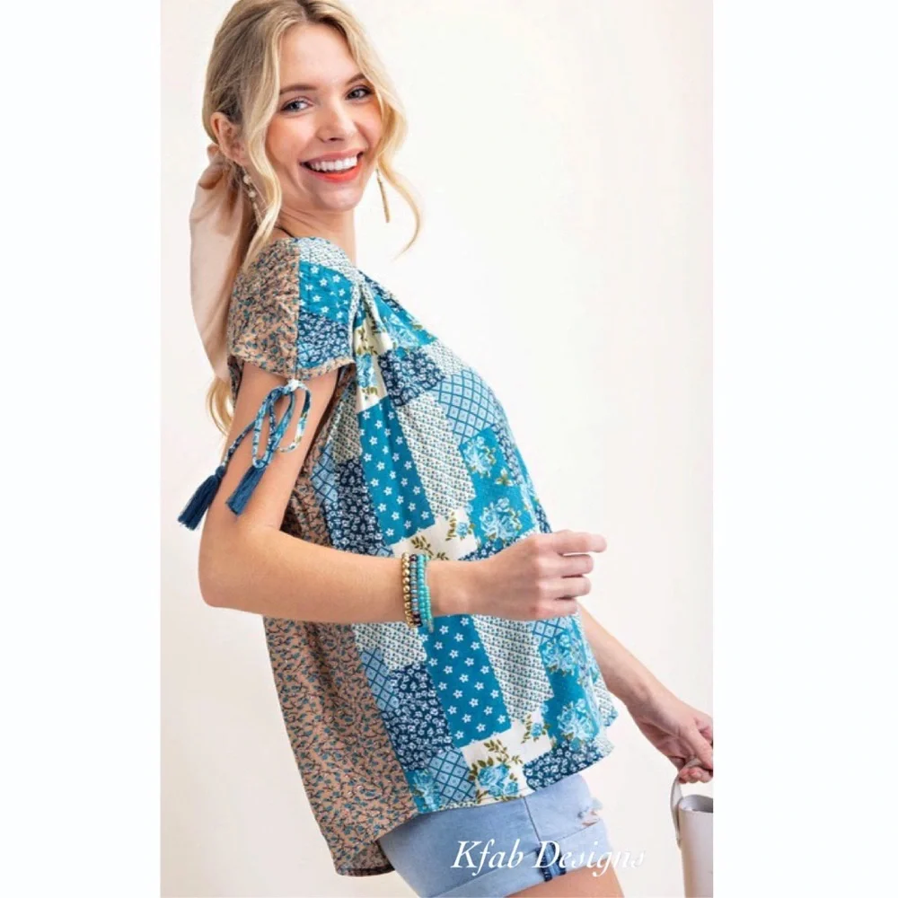 ❤️LAST 2! V Neck Teal Blue Mix Print Boho Crinkle Side Tie Top! - Picture 5 of 8